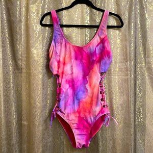 Watercolor one piece swimsuit, pink, purple, peach womans size L, EUC